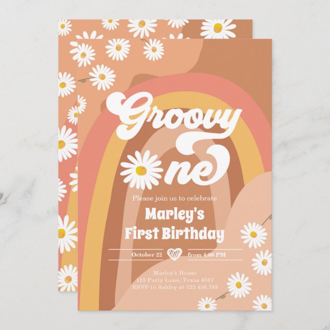 Groovy One Retro Daisy Boho Hippie Erster Geburtst Einladung (Vorne/Hinten)