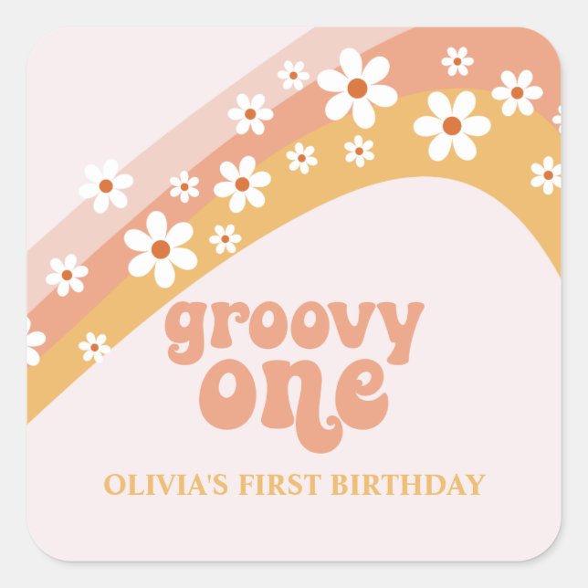 Groovy one Retro Daisy Boho Rainbow Square Sticker (Vorderseite)