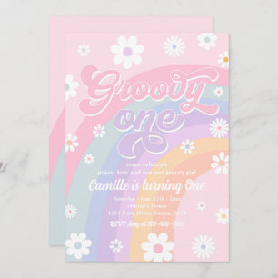 Groovy One Retro Daisy Pastel Rainbow Birthday Einladung