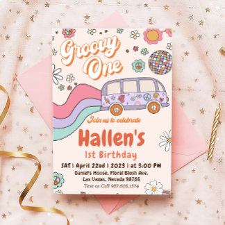 Groovy One Retro Daisy Rainbow Erster Geburtstag Einladung