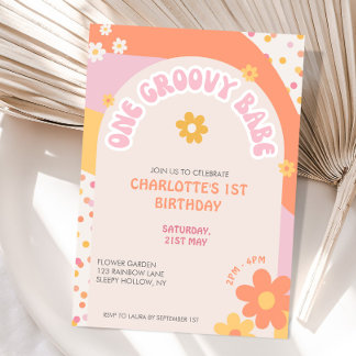 Groovy One Retro Daisy Regenbogen Mädchen Erster G Einladung