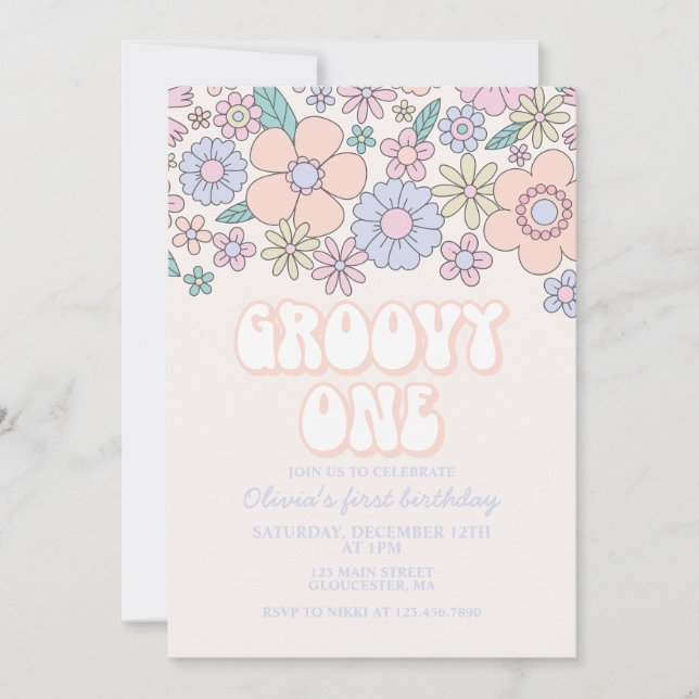 Groovy One Retro Floral 1. Geburtstag Einladung (Vorderseite)