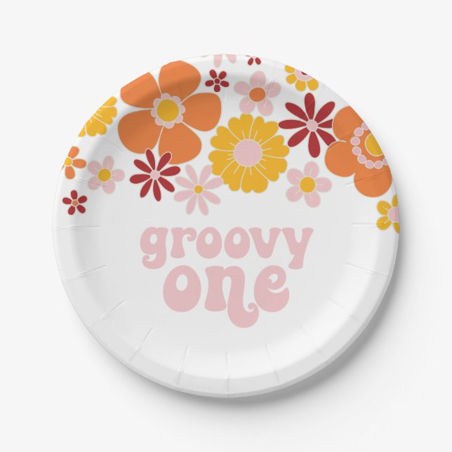 Groovy One Retro Floral 1. Geburtstag Pappteller (Vorderseite)
