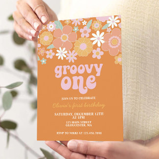 Groovy One Retro Floral Erster Geburtstag Einladung