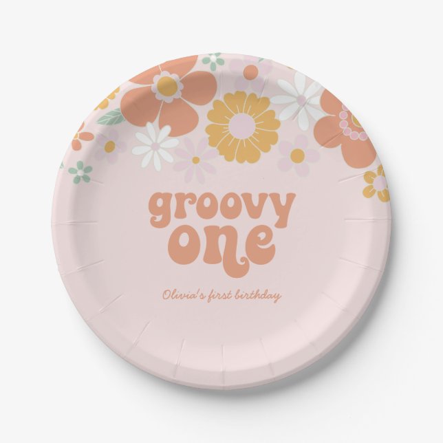 Groovy One Retro Floral erster Geburtstag Pappteller (Vorderseite)