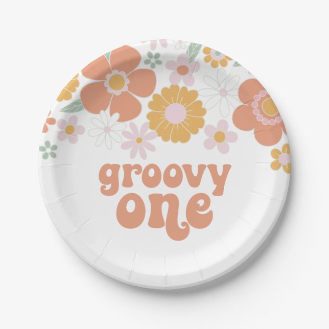 Groovy One Retro Floral Geburtstag Papier Teller (Vorderseite)