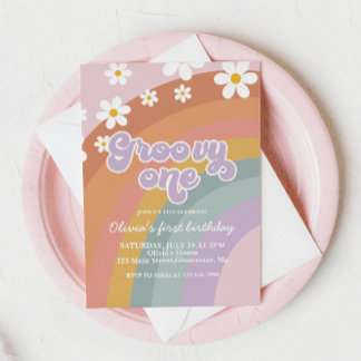 Groovy One Retro Rainbow 1. Geburtstag Einladung