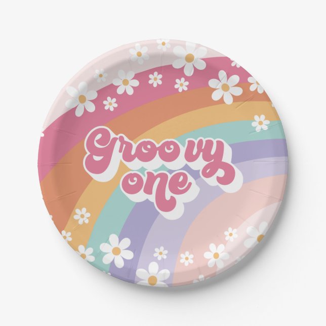 Groovy One Retro Rainbow 1. Geburtstag Pappteller (Vorderseite)