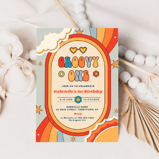 Groovy One Retro Rainbow 1. Geburtstag Party Einladung