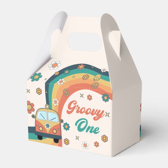 Groovy One Retro Rainbow Birthday Party Geschenkschachtel (Rückseite)