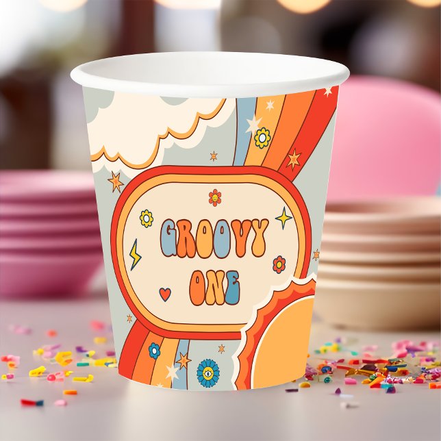 Groovy One Retro Rainbow Birthday Party Pappbecher (Von Creator hochgeladen)