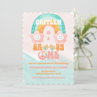 Groovy One Retro Rainbow Blume zum ersten Geburtst Einladung