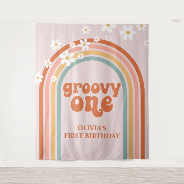 Groovy One Retro Rainbow Daisy Birthday Banner Wandteppich (Vorderseite)