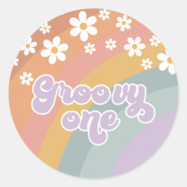 Groovy One Retro Rainbow Runder Aufkleber