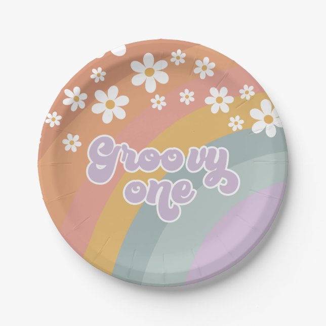 Groovy One Retro Regenbogen-Papierteller Pappteller (Vorderseite)