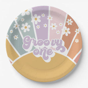 Groovy One Retro Sonnenschein Regenbogen Gänseblüm Pappteller