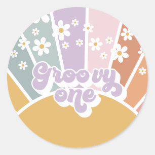 Groovy One Retro Sonnenschein Regenbogen Gänseblüm Runder Aufkleber