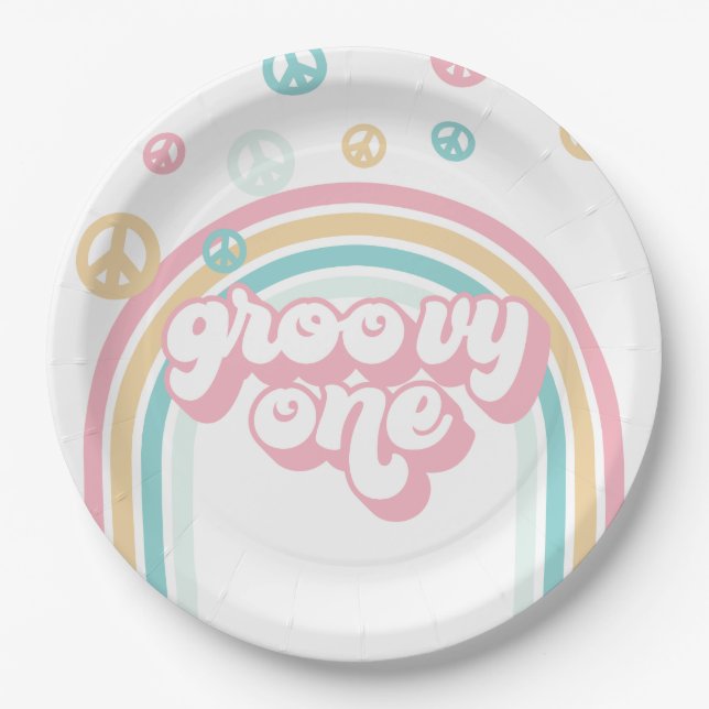Groovy One Retro Summer Rainbow Pappteller (Vorderseite)
