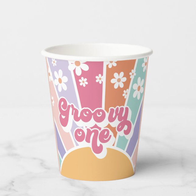 Groovy One Retro Sunshine Rainbow Daisy Pappbecher (Vorderseite)
