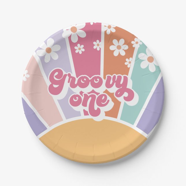Groovy One Retro Sunshine Rainbow Daisy Pappteller (Vorderseite)