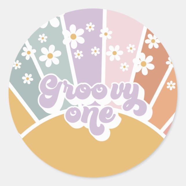 Groovy One Retro Sunshine Rainbow Daisy Runder Aufkleber (Vorderseite)