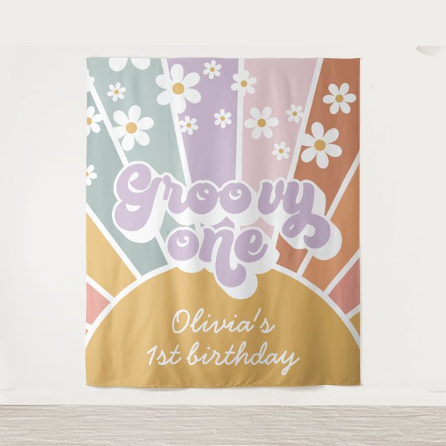 Groovy One Retro Sunshine Rainbow Daisy Wandteppich (Vorderseite)