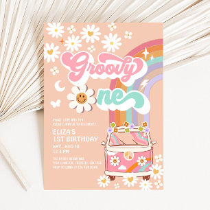 Groovy ONE Rosa Gänseblümchen Regenbogen Van 1. Ge Einladung