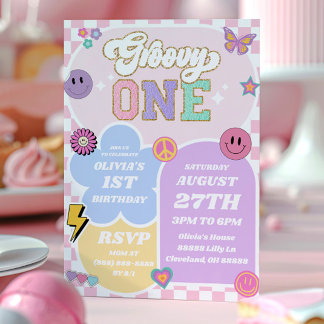 Groovy One Varsity Patch Letter 1. Geburtstag Part Einladung