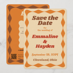 Groovy Orange and Brown Wavy Border Wedding Save The Date