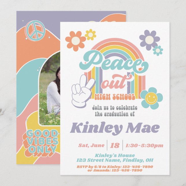 Groovy Peace Out High School Graduation Party Einladung (Vorne/Hinten)