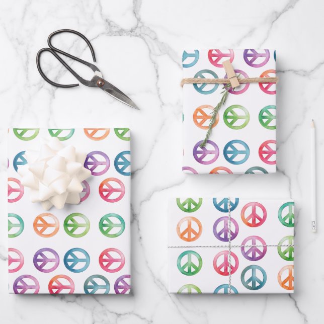 Groovy Peace signalisiert Wasserfarben-Hippie-Lieb Geschenkpapier Set (Vorderseite)