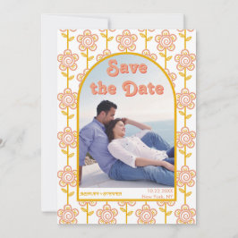 Groovy peach, gelbe Blumen 70er inspiriert Foto Save The Date