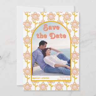 Groovy peach, gelbe Blumen 70er inspiriert Foto Save The Date