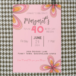 Groovy Pink 40. Geburtstag Party 70er Hippie Blume Einladung