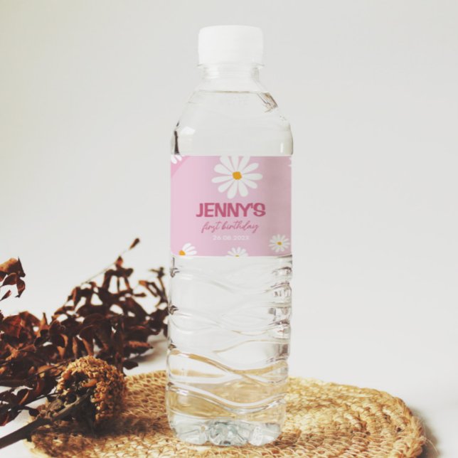 Groovy Pink Daisy Birthday Wasser Flasche Etikett (Von Creator hochgeladen)