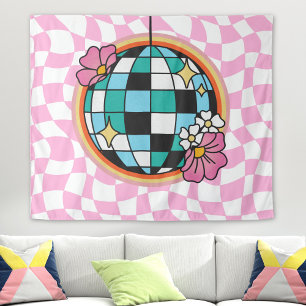Groovy Pink Disco-Kugel 60er Hippie Retro Karo Wandteppich