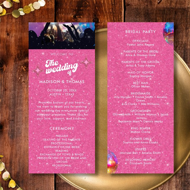 Groovy Pink Glitzer Ball Wedding Programm (Front / Back)