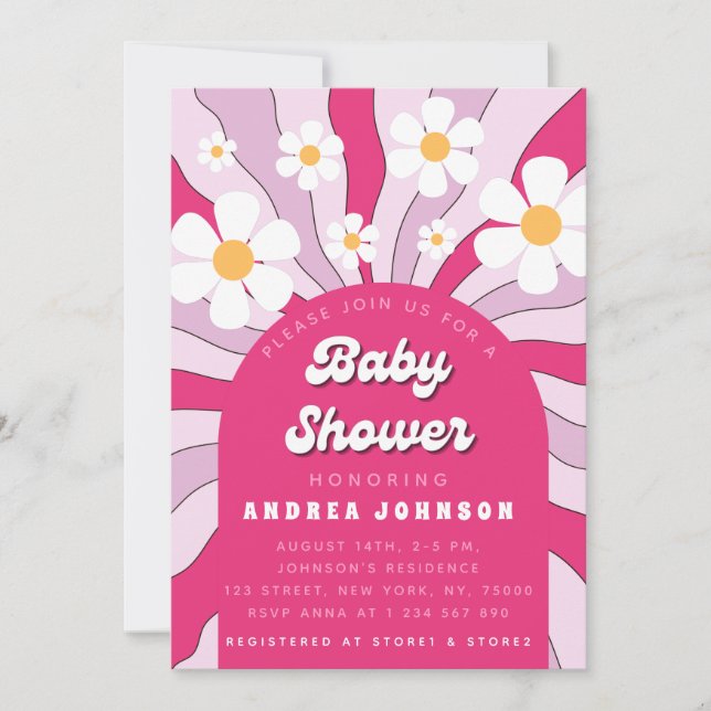 Groovy Pink Hippie Retro Daisy 70er Babydusche Einladung (Vorderseite)