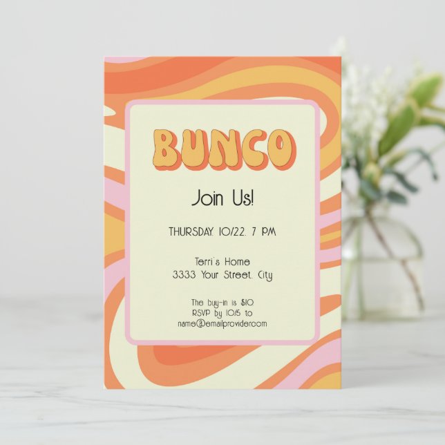 Groovy Pink und Orange Bunco Einladung (Stehend Vorderseite)