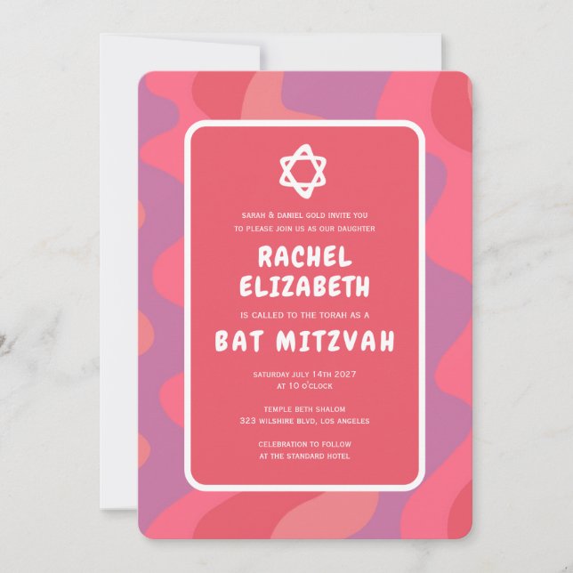 Groovy Pink Waves Star von David Custom Bat Mitzva Einladung (Vorderseite)