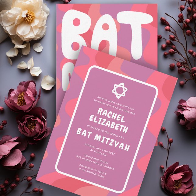 Groovy Pink Waves Star von David Custom Bat Mitzva Einladung (Groovy Pink Purple Waves Star of David Custom Bat Mitzvah Handlettering Invitation Colorful  Cute)