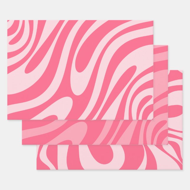 Groovy Pink Wavy Loops Retro Abstrakte Muster Geschenkpapier Set (Set)