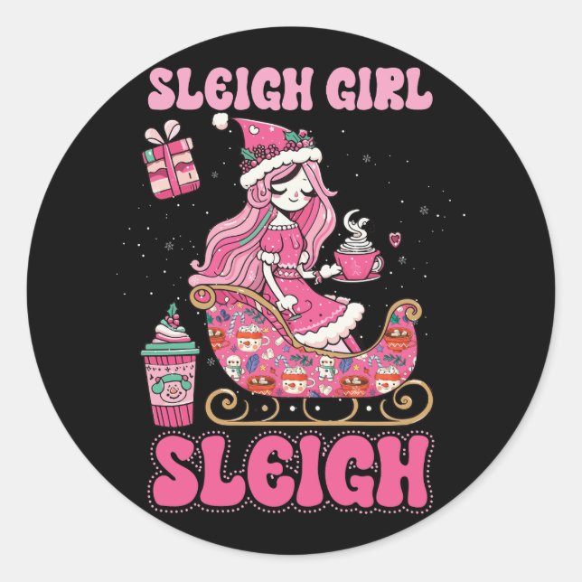 Groovy Pink Weihnachtskaffee Sleigh Girl Sleigh Runder Aufkleber (Vorderseite)