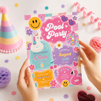 Groovy-Poolparty Retro-Lächeln Gesicht Mädchen Geb Einladung