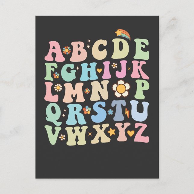 Groovy Pre K Kindergarten Alphabet ABC Retro Einladungspostkarte (Vorderseite)