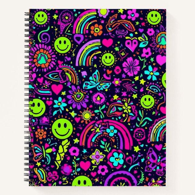 Groovy Psychedelic Smiley Face Notebook - Retro 70 Notizbuch (Vorderseite)
