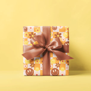 Groovy psychedelisches Retro-Smiley-Karo, Geschenkpapier