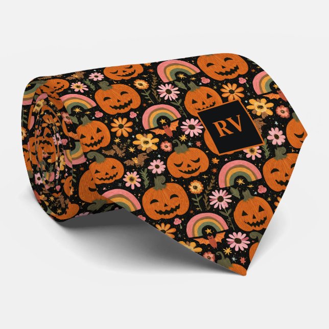 Groovy Pumpkin Magic Halloween Mit Monogramm Krawatte (Gerollt)
