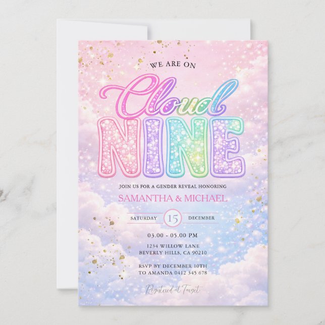 Groovy Rainbow Cloud Nine Glitter Geschlecht Enthü Einladung (Vorderseite)