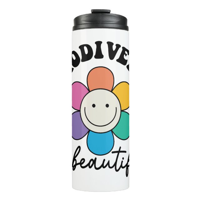 Groovy Rainbow Smiley Flower Neurodiversity Thermosbecher (Vorderseite)